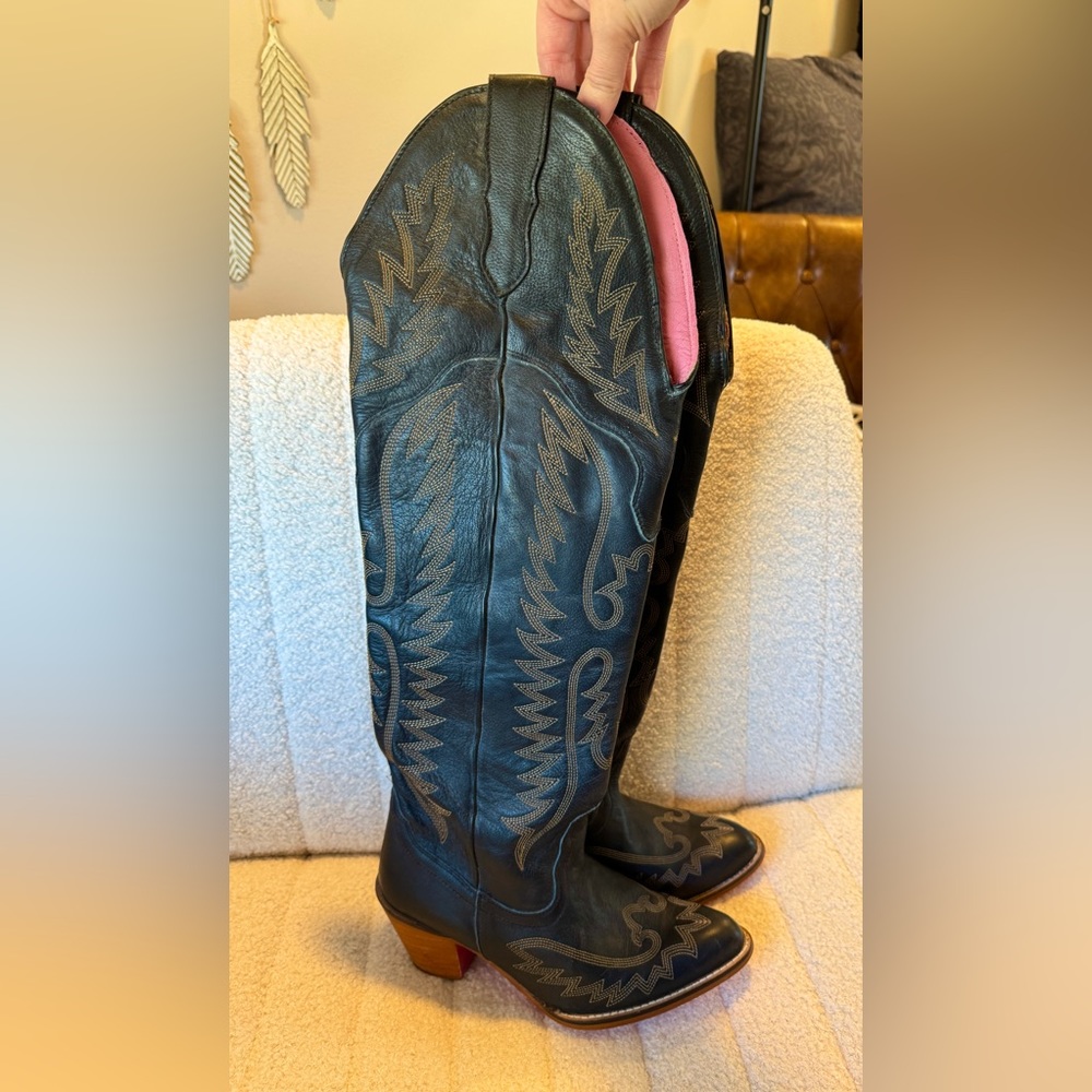 Real Leather Black Tall Cowboy Boots